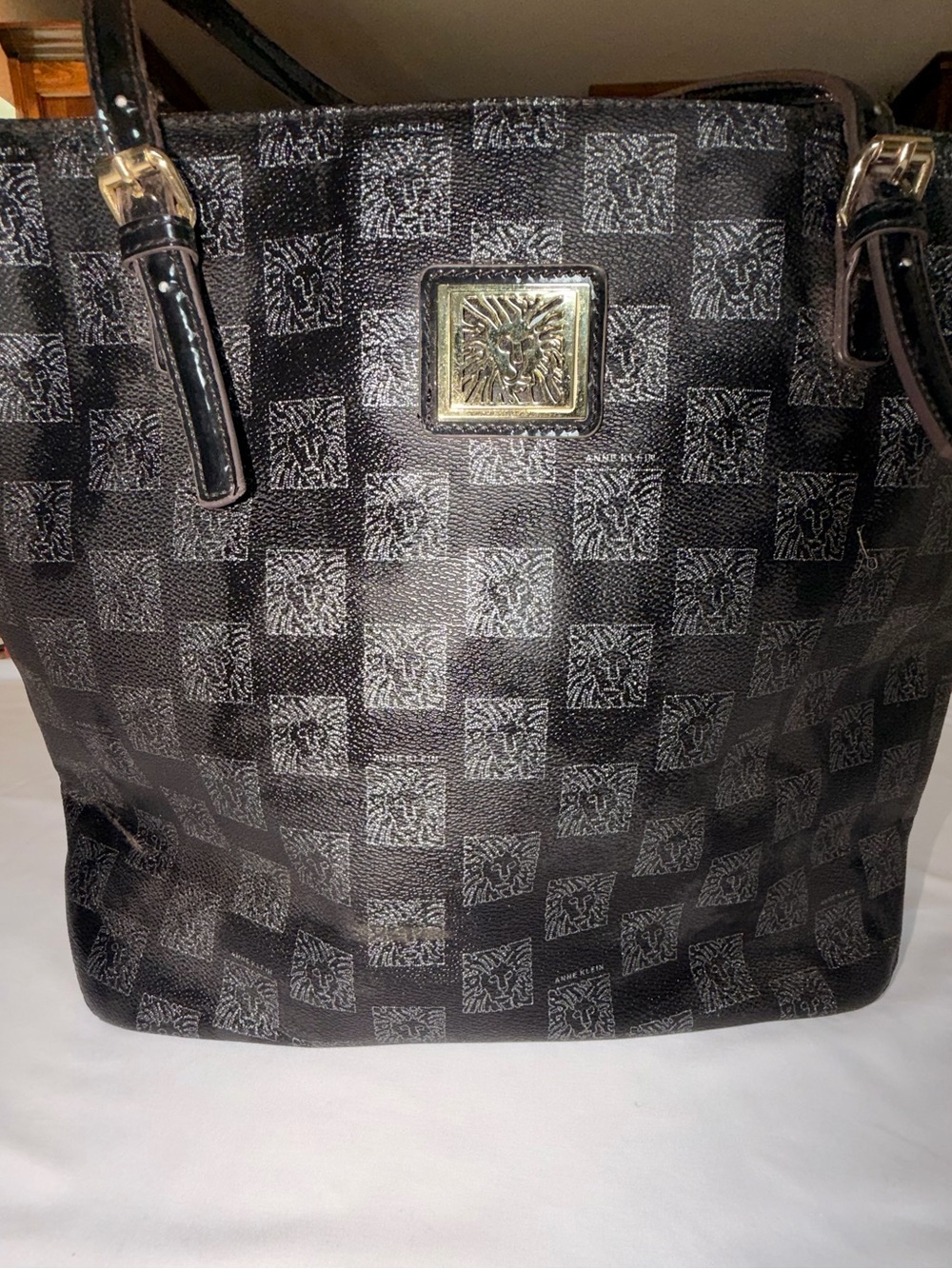 Anne Klein Black Logo Print Tote Bag Purple Interior Shoulder Handbag